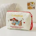 Cute portable quilted cosmetic bag large capacity travel makeup pouch for women daily use. - Dachshund / Beige