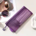 Purple mesh zipper storage bag, portable translucent cosmetic pouch and pencil organizer. - Long Flat Shape / Purple