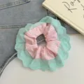 Mint green lace and pink gingham plaid scrunchie hair tie accessory - Mint Pink Grid