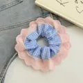 Sweet blue gingham scrunchie with delicate pink lace and heart embroidery details - Peach Check Lace Edge / Blue Pink