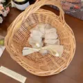 Κομψό κρεμ διχτυωτό λαστιχάκι μαλλιών με φιόγκο τριαντάφυλλο και πέρλα λεπτομέρεια - Ζαχαρί