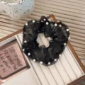 Eleganter Vintage-Haargummi aus schwarzem Organza mit weißen Perlen und Glitzer - Schwarz