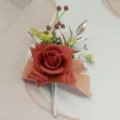 Elegant rustic red rose wedding boutonniere with gold leaves and berries for groom suit jacket. - Corsage / Orange
