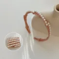 Elegant pink foldable headband with white pearls and non-slip teeth for women - Pearl Foldable Headband / Pink
