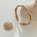 Elegant foldable pearl headband with anti-slip teeth in light brown for travel use - Pearl Foldable Headband / Khaki