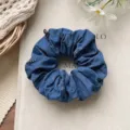 Stylish vintage denim blue scrunchie featuring sparkling silver rhinestone detailing - Hot Rhinestone / Dark Blue