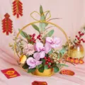 Gold iron flower basket artificial orchid New Year home decor floral arrangement detail view - HJ002 - Happy New Year