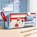 Süßes mehrschichtiges großes Federmäppchen aus Leinen mit Cartoon Hund für Schule Büro. - Gepflegter Welpe / Fünfschichtige Handgehaltene Große Kapazität / Gebrochenes Weiß