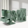 Adjustable metal bookends desk organizer with pen holder, green expandable bookshelf stand. - Medium Thick / Green