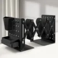 Adjustable metal bookends with pen holder and storage box for desktop organization black. - Large Thick / Black