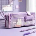 Purple multi-layer large capacity canvas pencil case with cute rabbit badge and pens. - Purple