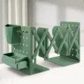Expandable metal bookends with pen holder and storage box for desktop organization, green. - Large Thick / Green