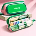 Wasserdichte magnetische Stehetui Federtasche mit grosser Kapazität für Schule Büro Schreibwaren. - Rosa und Grün