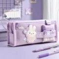 Purple large capacity canvas pencil case with cute rabbit patch and multi-layer design. - Purple