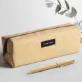 Beige canvas pencil case, large capacity minimalist stationery bag for school students. - Square Style / Creamy Yellow