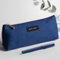 Dark blue canvas pencil case with triangular design, large capacity stationery bag. - Thong Style / Dark Blue