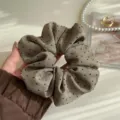 Elegant coffee French style hair scrunchie with small black rhinestones and polka dots - Zirconia Inlaid / Khaki