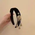 Vintage ethnic style gold bell tassel headband with luxury black velvet padded design - Black-Single Sided Gold