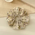 Vintage beige floral pleated scrunchie with delicate cream lace trim hair accessory - White Floral Lace Patchwork Style / White/Floral