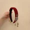 Elegant red velvet New Chinese style headband with dangling gold bell charms - Red-Double Sided Gold