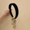 New Chinese style black velvet headband with golden bell tassels and ethnic design - Black-Double Sided Ear-Hanging Gold