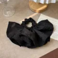 Elegant French oversized black satin ruffled scrunchie with vintage textured layers design - Black Hair Tie