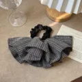 Vintage French oversized satin ruffle scrunchie with black white checkered pattern - Houndstooth Ruffle
