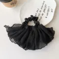 Large black ruffled hair scrunchie with elegant pleated French style design for buns - 8.5g / Black Plaid Ruffle