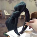 Elegant dark green ribbed fabric bow headband with bunny ears and non-slip inner teeth. - Dark Green