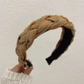 Braided wide headband in tan woven fabric featuring elegant rhinestone chain accents - Khaki