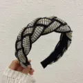 Classic black and white tweed braided headband with gold rhinestone chain detail - White
