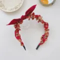 Vintage floral pleated headband with red bunny ear bow for women, elegant SKU view - Red Floral Bow Hair Band (200747)