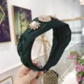 Elegant dark green braided headband with pearls and rhinestones in high-end style. - Dark Green