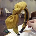Mustard yellow striped rabbit ears bow headband with anti-slip teeth for women - Yellow