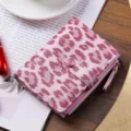 Pink leopard print short women wallet with multiple card slots and zipper coin pocket design. - Flame Red