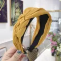 Chic yellow braided wide fabric headband with stylish knotted design for women - Yellow