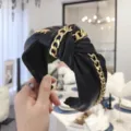 Punk style black PU leather knotted headband with gold chain decoration - Black