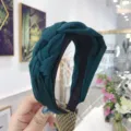 Premium dark green braided fabric wide headband with a handmade knot design for women - Dark Green