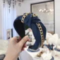 Navy blue PU leather knotted headband with decorative gold chain, punk style hair accessory - Navy Blue