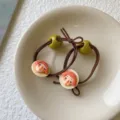 Cute cartoon girl portrait hair tie set with brown bow elastic band and green bead - Avocado Green Bead + Cartoon Patch / 2 Pieces/Pack / Cute Green