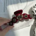 Vintage weinrote Samt-Haarklammer mit Strasssteinen und Perlenverzierungen. - Runde Kralle Vintage Strass / Burgunderrot