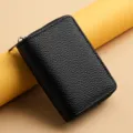 Schwarzer Leder Kartenetui mit Reissverschluss, kompaktes Akkordeon Design fur Karten. - Gunmetal-Kette Schwarz