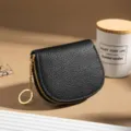 Black leather shell coin purse mini wallet with gold zipper and keychain for women daily use - Black