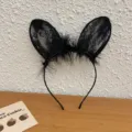 Elegant black lace bunny ear headband with soft fur trim for Halloween cosplay. - Plush Rabbit Ears