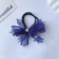 Elegante donkerblauwe mesh haarelastiek met fonkelende kristallen kralen en elastische band - Kristallen Gaasstrik Stijl (GY842) / Saffierblauw