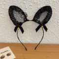 Adorable black lace cat ear headband featuring satin bows and small golden bells - Rabbit Ears with Bells