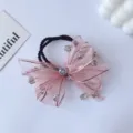 Handgemaakte elegante roze mesh strik haarelastiek met fonkelende kristallen kralen - Kristallen Gaasstrik Stijl (GY842) / Waterroze
