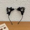 Black lace cat ear headband featuring pearls and silk ribbons for Halloween cosplay - Cat Ear Pearl