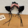 Cute black plush cat ear headband with pink lace ruffles and golden bells for cosplay - Cat Ears with Streamers