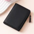 Portafoglio Corto Donna Nero Texture Litchi Pieghevole Porta Carte Pochette Monete Zip - Nero